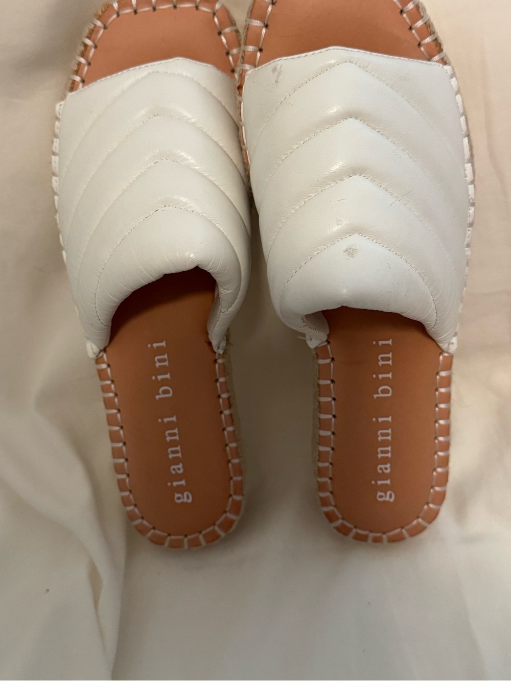 Gianni Bini White Quilted Slide Mules with Tan Insole Stitching